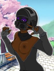 breasts breasts dark_skin hevnish one_eye_closed public_place purple_eyes standing