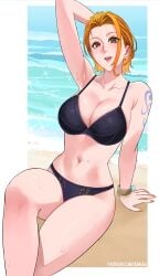 1boy 1female 1girls armpits arms_behind_back arms_up beach bikini bikini_bottom bikini_top black_bra black_panties black_underwear blush breasts female female_only looking_at_viewer nami nami_(one_piece) one_arm_up one_piece orange_eyes orange_hair perfect_body sexy_armpits sexy_pose short_hair showing_armpits slut smile sweat sweatdrop sweaty sweaty_armpits sweaty_body sweaty_breasts sweaty_legs tattoo tattoo_on_arm tattooed_arm thick_legs thick_thighs thighs tongue uukkaa waist water_drop