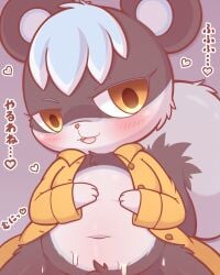 animal_crossing anthro black_body black_ears black_fur black_tail blue_body blue_fur blue_tail_tip blush bodily_fluids bottomless bottomless_anthro clothed clothing coat crotch_tuft cum cum_on_belly cum_on_body cum_on_leg dipstick_tail eyelashes female fur genital_fluids japanese_text mammal markings navel nintendo open_mouth red_nose rodent sciurid solo tail tail_markings tasha_(animal_crossing) text tongue topwear tree_squirrel tuft urumin3939 white_body white_fur white_inner_ear yellow_eyes