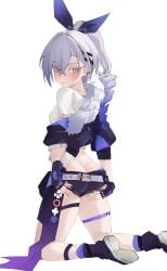 1girls ass ass_cleavage blush bow breasts closed_mouth clothing curly_hair female female_focus female_only fingerless_gloves fully_clothed grey_eyes grey_hair hands_on_ass honkai:_star_rail jacket kneeling light_skin looking_at_viewer looking_back on_knees open_eyes petite shirt shoes shorts silver_wolf_(honkai:_star_rail) socks solo thighs tied_hair white_background wktfrv47n