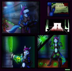 anthro blood blood_stain blue_fur card claws color female female_only fox fur furry gun hair holding indoors krystal kursed_(star_fox) midriff purple_hair short_hair smoke solo star_fox weapon xylem