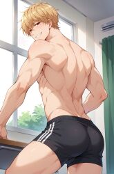 1boy ai_generated ass behind cum grin grinning half_naked in_classroom kyouya_sata looking_back male_focus male_only muscles muscular_male ookami_shoujo_to_kuro_ouji penis plagion small_shorts solo_male