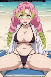 ai_generated aindroidparanoid ass beach bicolored_hair big_ass big_breasts big_butt bikini blush braid breasts busty cameltoe demon_slayer green_eyes green_hair hourglass_figure huge_breasts kanroji_mitsuri kimetsu_no_yaiba large_breasts narrow_waist nipples outdoors pink_hair sand scared scream sitting spread_legs stable_diffusion