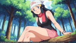 ai_generated bare_shoulders beanie black_hair black_shirt blue_eyes blue_hair blush breasts closed_mouth clothing crossed_legs dawn_(pokemon) day eyelashes female female forest grass hair_ornament hairclip hat headwear knees long_hair looking_at_viewer nature neckwear outdoors pink_skirt poke_ball_print pokemon pokemon_(game) pokemon_character pokemon_diamond_pearl_&_platinum protagonist_(pokemon) red_neckwear red_scarf scarf shirt sidelocks sitting skirt sleeveless sleeveless_shirt smile solo thighs tree watch white_headwear wodstudio wristwatch