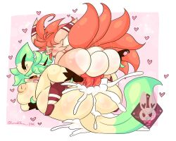 anthro ass balls big_balls big_breasts big_butt big_penis bodily_fluids breasts cum cum_inside duo eeveelution ejaculation female generation_1_pokemon generation_4_pokemon genital_fluids genitals green_hair hair heart_symbol hi_res leafeon lewdchuu_(artist) male male/female nintendo penetration penis pokemon pokemon_(species) pyon_(lewdchuu) red_body red_hair vulpix yellow_body