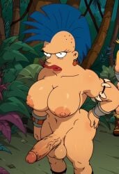 ai_generated amazon balls below big_breasts big_penis black_eyes blue_hair breasts from futanari futurama giant legs muscular nipples penis shot solo solo_futa