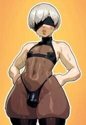 1boy ai_generated balls blindfold bulge copernicus crossdressing femboy light-skinned_male light_skin male male_focus male_only nier nier:_automata penis penis_under_clothes short_hair solo testicles thick_thighs thighhighs trap white_hair yellow_background yorha_9s