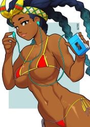 1girls big_breasts bikini bikini_bottom bikini_top black_hair blue_highlights bottomwear breasts brown_eyes capcom cleavage earbuds female female_only gez1313 hair headwear holding_object huge_breasts kimberly_jackson lips red_bikini solo solo_female street_fighter swimwear thick_lips topwear walkman