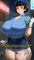 ai_generated big_breasts breasts english_dialogue english_text female full_body fully_clothed gigantic_breasts huge_breasts makoto_niijima massive_breasts night persona persona_5 persona_5_royal police police_hat police_officer police_uniform policewoman qos qos_tattoo queen_of_spades street tagme tattoo tattoo_on_legs tattoo_on_thigh tattoos thick_thighs