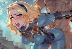 1boy 1girls ai_generated arms_behind_back bent_over big_ass blonde_hair bodysuit cum_inside dark-skinned_male doggy_style female green_eyes league_of_legends luxanna_crownguard male moaning novelai saliva sex_from_behind small_breasts sweat thick_thighs viewfinder