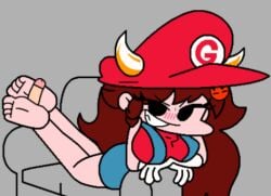 bullshit feet feet_up foot_fetish footjob footjob_from_behind friday_night_funkin friday_night_funkin_mod girlfriend_(friday_night_funkin) mario_(cosplay) mario_(series) marios_madness on_stomach poorly_drawn reverse_footjob solejob traced