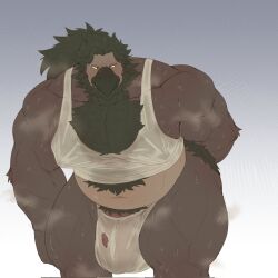 anthro avian balls bara bird blush bulge flaccid ghangaji male male_only muscles muscular musk penis scratching_butt solo solo_male sweat sweating tank_top underwear