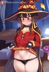 ai_generated belt brown_hair dress flat_chest kono_subarashii_sekai_ni_shukufuku_wo! looking_down megumin panties primosan pussy_juice red_dress red_eyes short_hair skirt_lift witch_hat