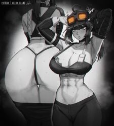 abs aelion_draws ass ass_focus asymmetrical_gloves barely_visible_genitalia big_breasts breasts clothed crop_top elbow_gloves female from_behind gloves goggles goggles_on_head grace_howard hands_behind_head monochrome multiple_views muscular_female navel panties pants pants_down ponytail satchel steam steaming_body toned_female zenless_zone_zero