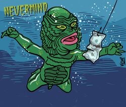 1boy anthro banknote cover creature_from_the_black_lagoon fishing_hook fishman gill-man human money nude parody penis text underwater water