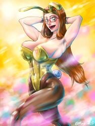 1girls armpits arms_behind_head artist_name big_breasts big_hero_6 brown_hair bunny_ears bunnysuit busty disney fake_animal_ears fake_rabbit_ears female female_only glasses honey_lemon huge_breasts large_breasts leotard light-skinned_female light_skin lipstick long_hair marvel marvel_comics megrim pantyhose playboy_bunny pose posing red_lipstick solo strapless_leotard