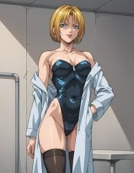 1girls ai_generated bare_shoulders bare_thighs bible_black big_breasts blonde_hair blue_eyes blunt_bangs bob_cut breasts cleavage coat collarbone cross_earrings curvaceous curvy curvy_female curvy_figure earrings female female_only hand_in_pocket imperishable_neet indoors jewelry kitami_reika labcoat leather leotard looking_at_viewer makeup mature mature_female milf naughty naughty_face naughty_smile nurse off_shoulder one_side_up pinup revealing_clothes skimpy skimpy_clothes solo standing stockings strapless strapless_leotard teacher wide_hips