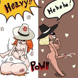 2girls black_spy blonde_hair ejaculation erect_penis female futanari helen_(white_spy) jasmine_(black_spy) mad orange_hair pubic_hair rule_63 spy_vs_spy white_spy