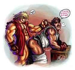 2boys abs ahe_gao anal anal_penetration anal_sex asian ass balls_deep bara bent_over biceps black_hair black_hair_bottom blonde_hair blonde_hair_on_black_hair blonde_hair_top blush bottomless brown_hair capcom clenched_teeth closed_eyes cock_hungry color crate cum cum_while_penetrated domination ejaculation english_text erection fingerless_gloves functionally_nude gay gloves human interracial ken_masters light_hair_on_dark_hair looking_pleasured male male_focus male_only multiple_males muscles muscular muscular_male open_jacket pants_down partially_clothed pecs penis ryld ryu_(street_fighter) sex short_hair spoken_heart standing_doggy_style standing_sex street_fighter veiny_muscles visible_breath yaoi