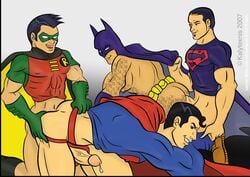 2007 4boys anal anal_penetration anal_sex ass ass_grab batman batman_(bruce_wayne) batman_(series) biceps black_hair blue_eyes body_hair boots bottomless bruce_wayne cape cape_grab clark_kent conner_kent costume cowl cum_while_penetrated dc dc_comics doggy_style domino_mask erect_nipples erect_nipples_under_clothes erection from_behind gay group_sex happy_sex jockstrap_aside kal-el kalytexnis kon-el looking_at_another male male_only mostly_nude mouth_open multiple_boys multiple_males multiple_penises orgy pants_down robin_(dc) robin_(tim_drake) shirt_up soul_patch superboy superboy_(conner_kent) superman superman_(clark_kent) superman_(series) thrusting_into_ass tim_drake two_on_two utility_belt veiny_penis yaoi