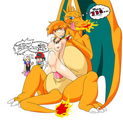 2boys 2girls baseball_cap beanie beige_skin black_hair blue_eyes blue_hair breasts breathing_fire charizard claws clothes color dawn_(pokemon) english_text female fire hat human imminent_death interspecies jim_sugomi kasumi_(pokemon) larger_male male monster_rape multiple_boys multiple_girls nintendo nipples nude orange_hair orange_skin peril pokemon pokemon_(species) pokephilia pussy rape satoshi_(pokemon) sex sitting smaller_female stomach_bulge straight tail tail_fire text vaginal_penetration vulva wings