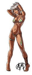 armlet arms_behind_head arms_up barefoot bikini breasts brown_eyes dark-skinned_female dark_skin feet female ganassa league_of_legends leg_band pool_party riven solo swimsuit toes white_background white_hair