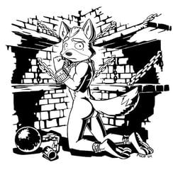 2004 anthro ass ball_and_chain black_and_white black_nose bound chain closed_mouth fox fox_mccloud fur furry furry_ass furry_ears furry_tail indoors kneeling line_art looking_back male male_only monochrome open_eyes pointy_ears poop_(artist) solo star_fox tail