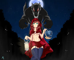 1girls anthro anthro_on_female anthro_on_human big_bad_wolf big_bad_wolf_(grimm) breasts cleavage fangs female female_on_anthro garter_straps green_eyes human human_on_anthro little_red_riding_hood male no_bra red_hair skirt standing underboob werewolf white-stripes wolf