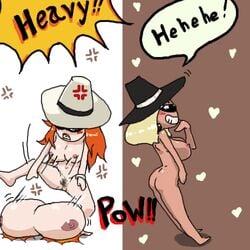 2girls black_spy blonde_hair breasts female helen_(white_spy) jasmine_(black_spy) mad multiple_girls orange_hair pubic_hair pussy rule_63 spy_vs_spy white_spy