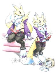 2003 anthro barefoot breasts clothes color digimon dildo female female_only fur furry furry_breasts furry_tail renamon sawblade_(artist) sitting standing strap-on tagme tail