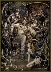 artistic bat_wings bishonen boots bustier busty candra castlevania corset demon demon_girl demon_tail demon_wings demoness high_heel_boots high_heels lingerie long_hair long_hair_male male richter_belmont smile succubus succubus_(castlevania)