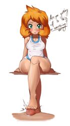 blush cbt cock_and_ball_torture cock_torture cum cum_drip cum_pool cute english_text erect_nipples female footjob green_eyes human human_only kasumi_(pokemon) male misty_(pokemon_hgss) nintendo open_mouth orange_hair penis pokemon rf sitting straight swimsuit text thick_thighs white_background