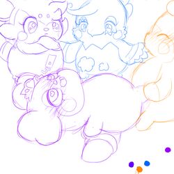 <3_eyes 1:1 anthro blue_eyes blue_feathers blush closed_eyes clothing cocotama colored_sketch crown feathers featureless_limbs female fur group group_sex heart himitsu_no_cocotama kirarise_(cocotama) luckytama makeup male mush_mukunnu nude open_mouth orange_fur purple_eyes purple_fur renji_(cocotama) sex simple_background white_background 九尾