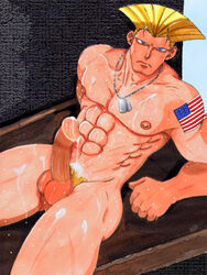 abs after_sex artist_request blonde_hair blue_eyes cum cum_on_self dog_tags guile human male male_only muscles nipples nude pecs penis pubic_hair sitting solo street_fighter tattoo testicles