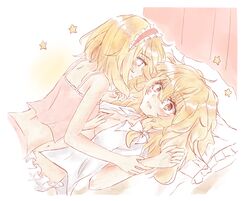 2girls acoco alice_margatroid blonde_hair blue_eyes blush braid breasts couple female hairband long_hair marisa_kirisame multiple_girls navel no_hat open_mouth pillow short_hair side_braid smile star tied_hair touhou yellow_eyes yuri