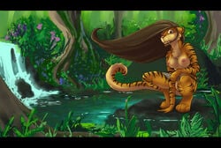 anthro breasts cinnamonhunter crouching fangs feline female fur furry hair jungle knife long_hair looking_at_viewer nude pussy sabertooth solo surprised tiger