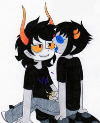 2boys black_hair closed_eyes clothing cum diphallia diphallism forked_tongue gamzee_makara glasses grey_skin handjob homestuck horns male ms_paint_adventures multi_penis open_mouth pandemoniumincarnate penis pointy_ears sharp_teeth short_hair sollux_captor tongue_out troll white_background yaoi yellow_eyes