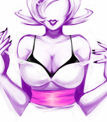 1girls black_bra black_nails bra breasts cleavage homestuck lipstick ms._lalonde ms_paint_adventures no_eyes pink_lipstick short_hair simple_background solo strap_pull white_background white_hair white_skin