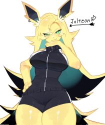anthro big_breasts black_bottomwear black_clothing black_shorts blonde_hair bottomwear breasts clothing cute cute_face ear_piercing ear_ring eeveelution fang_out fangs female female_only green_eyes hair hi_res jolteon looking_at_viewer mouth_closed nintendo piercing pokemon pokemon_(species) ring_piercing shorts sleeveless_shirt smile solo solo_female teeth togetoge