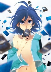 aichi_sendo androgynous beige_skin blue_eyes blue_hair card cardfight!!_vanguard color female female_only flat_chest human open_clothes open_mouth partially_clothed short_hair simple_background solo standing white_background