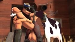 2016 3d arms_behind_back arms_up ass bowtie cap cow cum cum_on_hat cutout drinking_milk erection erection_under_clothes gasmask gay hat huge_cock hyper_balls hyper_penis male muscle penis penis_on_back pyro scout source_filmmaker suspenders team_fortress team_fortress_2 topless yuri_mitsu_(artist)