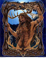 1boy antlers artist_request bara cernunnos herne_the_hunter long_hair male_only paganism religion tagme tattoos