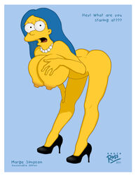 2011 alternate_breast_size ass bent_over blue_hair breasts color darth_ross english_text eyelashes female female_only footwear hair hair_down hand_on_breast hand_on_leg high_heels huge_breasts human large_breasts long_hair looking_at_viewer looking_left marge_simpson matt_groening_(style) naked_footwear naked_heels necklace nipples nude open_eyes open_mouth round_ears shoes solo text the_simpsons yellow_skin