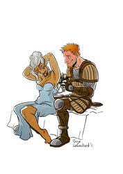 1boy 1girls 2011 alistair_theirin armor blonde_hair breasts color dragon_age dragon_age_origins dress elf elf_ears elf_female facial_tattoo female lyna_mahariel male male_human/female_elf steve_lecouilliard tagme tattoo white_background white_hair