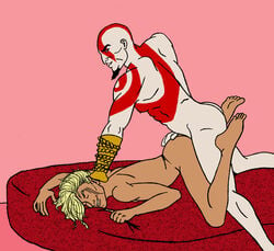 2boys anal anal_penetration anal_sex bald beard blonde_hair body_markings crossover dragon_age dragon_age_origins elf facial_tattoo god_of_war interspecies kratos male multiple_males no_visible_genitalia pointed_ears tan_skin tranetrax white_skin yaoi yellow_hair zevran_arainai