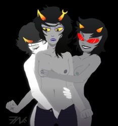 3girls black_background black_hair black_lips blue_lips blue_nipples breasts closed_eyes fingering glasses grey_skin hand_in_pants hand_on_breast homestuck horns kanaya_maryam lesbian long_hair ms_paint_adventures multiple_girls naked nipples pants seven_nights sharp_teeth short_hair small_breasts smile teal_nipples terezi_pyrope troll vriska_serket webcomic white_skin yellow_eyes yuri