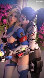 2girls 3d alternate_costume areolae beret blender blizzard_entertainment breast_grab breasts breasts_out clothing combat_medic_ziegler daintydjinn female female_only fingering fingering_from_behind grabbing_from_behind medium_breasts mercy nipples overwatch stockings talon_widowmaker thighhighs widowmaker yuri