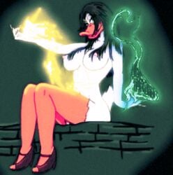 anthro black_hair disney duck ducktales high_heels magic magica_de_spell magician moltsi nipples solo sorceress tagme white_feathers white_fur