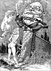 alice_in_wonderland alice_liddell breasts casual female frank_brunner human humpty_dumpty monochrome mostly_nude nipples nude outdoors ribbon tagme