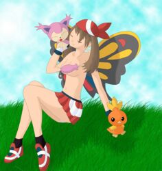 1girls alexisrendell beautifly brown_hair female human may_(pokemon) nintendo outdoors pokémon_(species) pokemon pokemon_rse skitty topless torchic